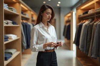 Femme tenant une ceinture en cuir dans une boutique minimaliste, illustrant l'importance des accessoires dans une tenue