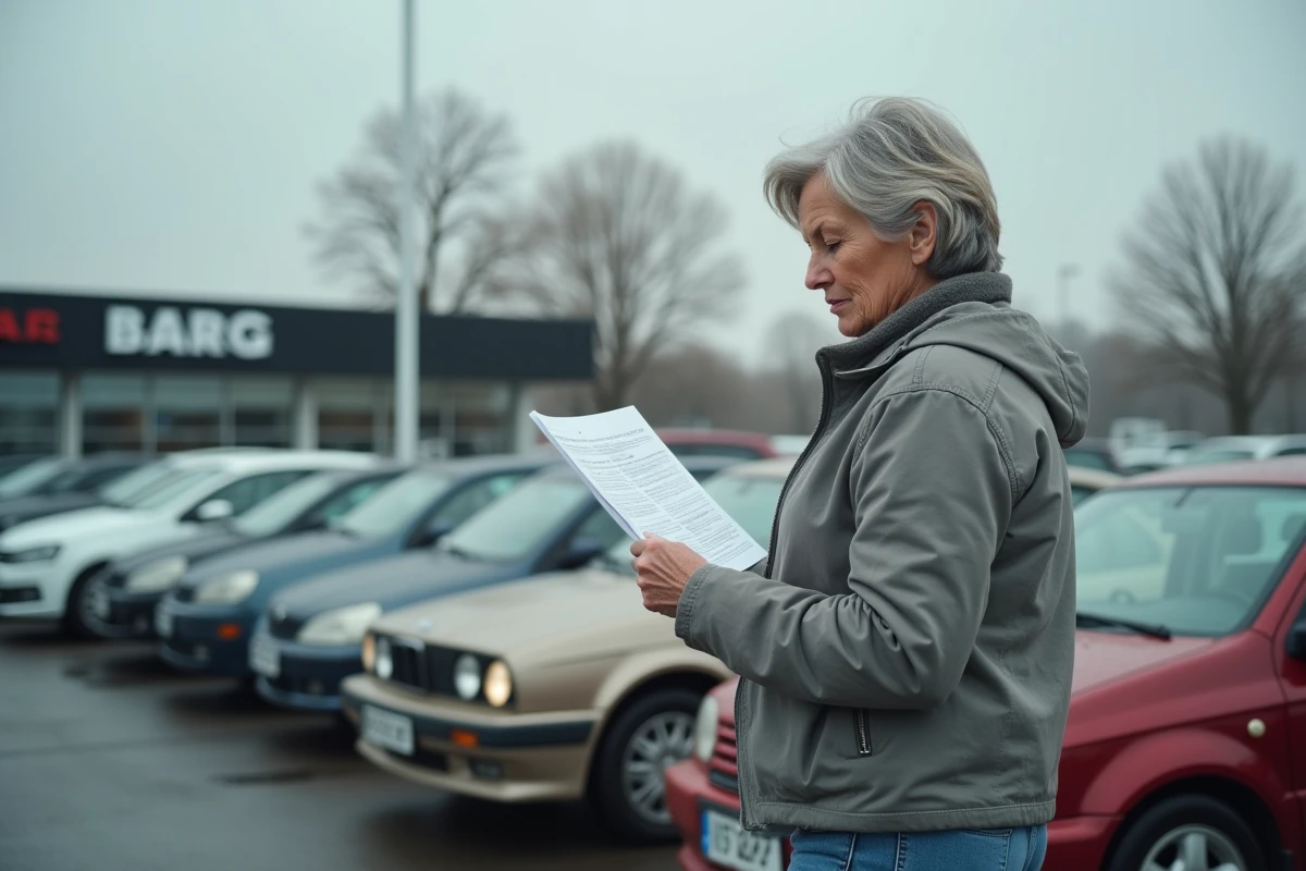 Femme examinant le rapport d'historique d'un véhicule d'occasion dans un parking de concessionnaire