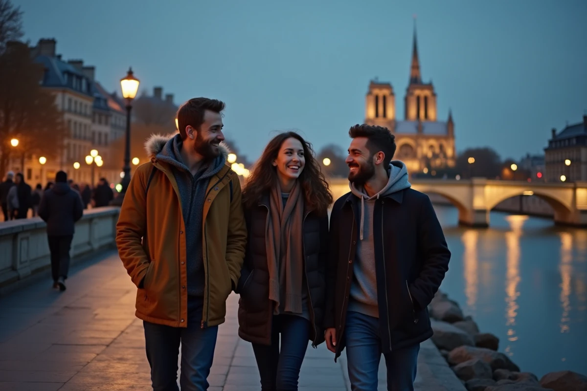 Groupe d'amis se promenant le soir le long des quais de la Seine à Paris avec vue sur les monuments illuminés
