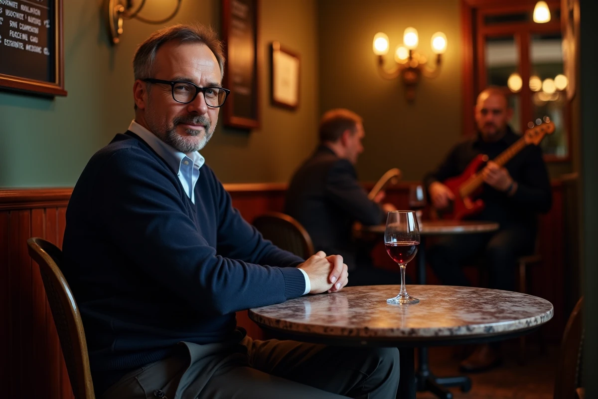 Homme seul savourant un verre de vin rouge dans un bar jazz parisien cosy lors d'une soirée à Paris