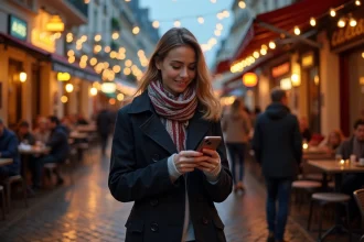 Femme parisienne consultant son téléphone le soir sur un boulevard animé de Paris pour choisir une activité
