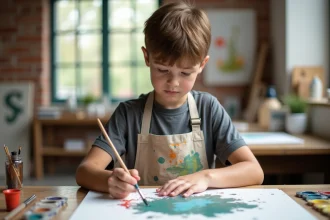 Adolescent de 13 ans peignant sur une toile dans un atelier artistique pendant les vacances