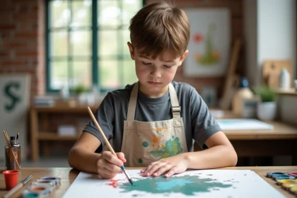 Adolescent de 13 ans peignant sur une toile dans un atelier artistique pendant les vacances