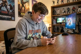 Adolescent souriant utilisant un code Supercell Store sur son smartphone dans une chambre de gamer