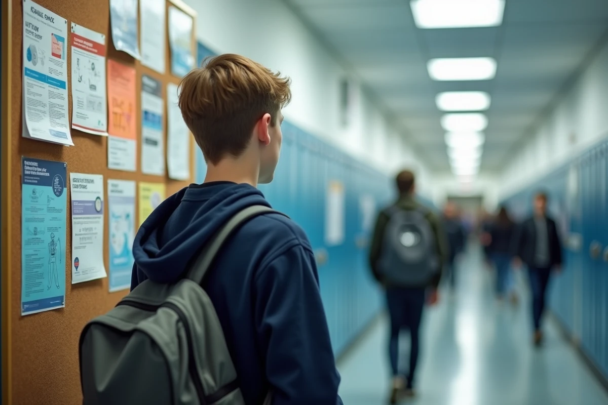 Adolescent consultant un panneau d'affichage scolaire avec des informations sur les formations et métiers