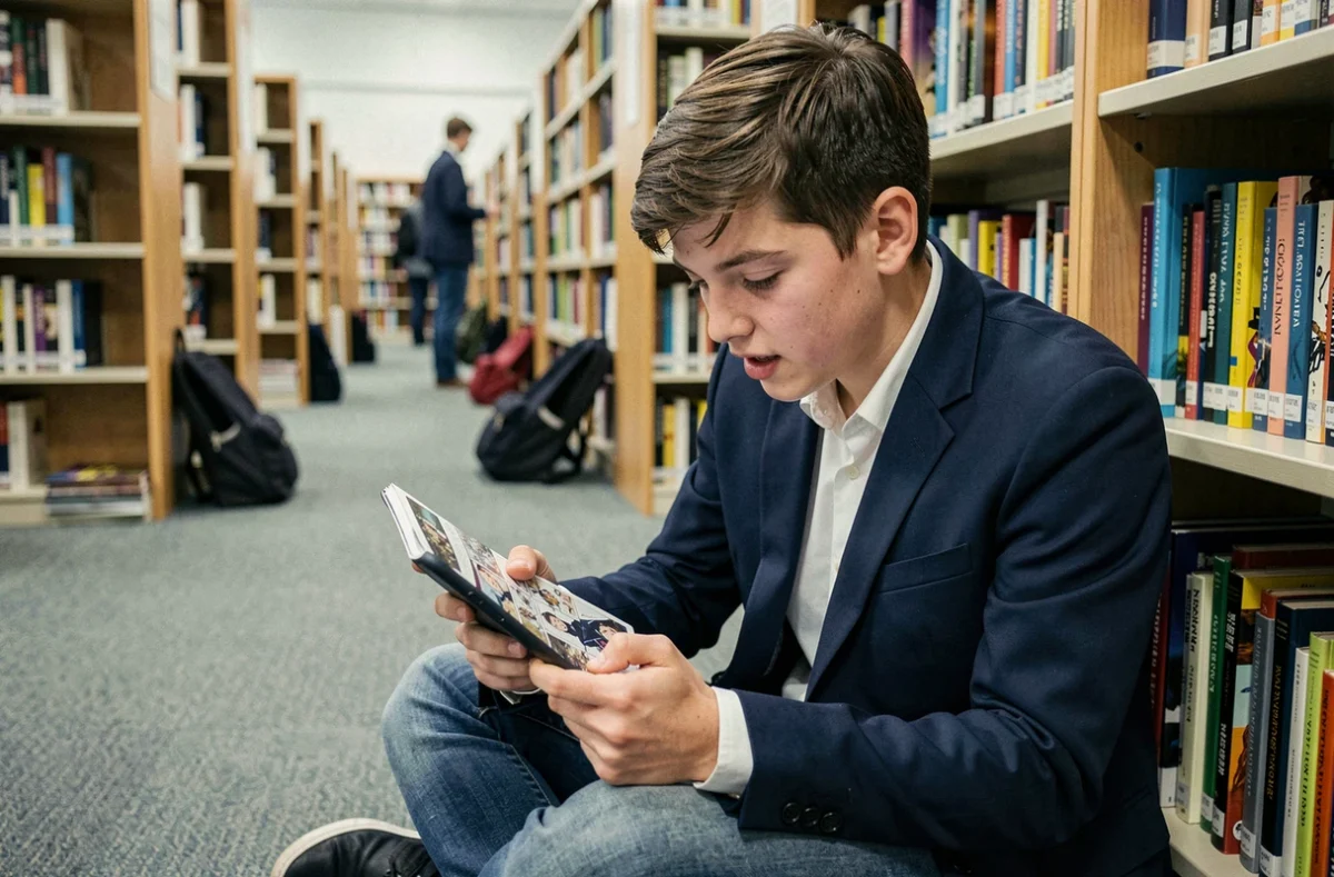 Adolescent lisant des scans de manga en français sur son smartphone assis dans une bibliothèque publique