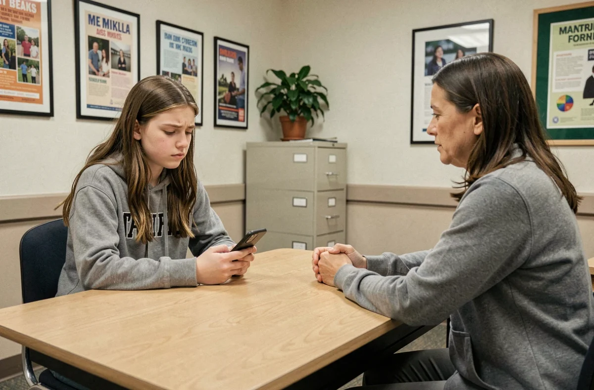 Adolescente montrant son téléphone à une conseillère scolaire dans un bureau d'orientation bienveillant