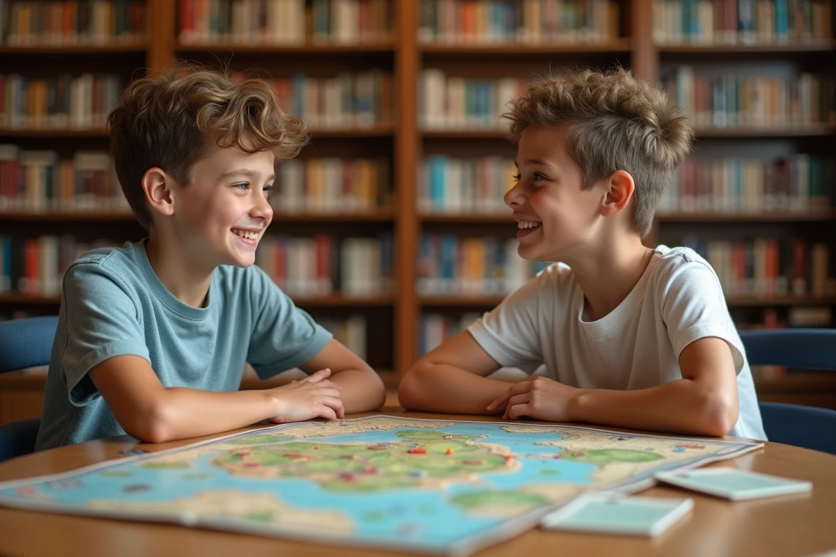 Deux adolescents jouant à un jeu de société stratégique dans une bibliothèque pendant les vacances