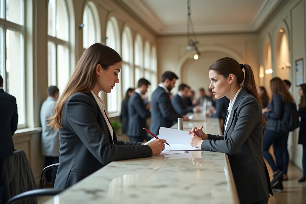 Intérieur d'une agence bancaire française avec des employées et des clients inquiets face à une crise financière