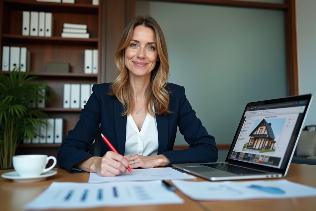 Agente immobilière comparant des estimations de biens sur ordinateur dans un bureau professionnel