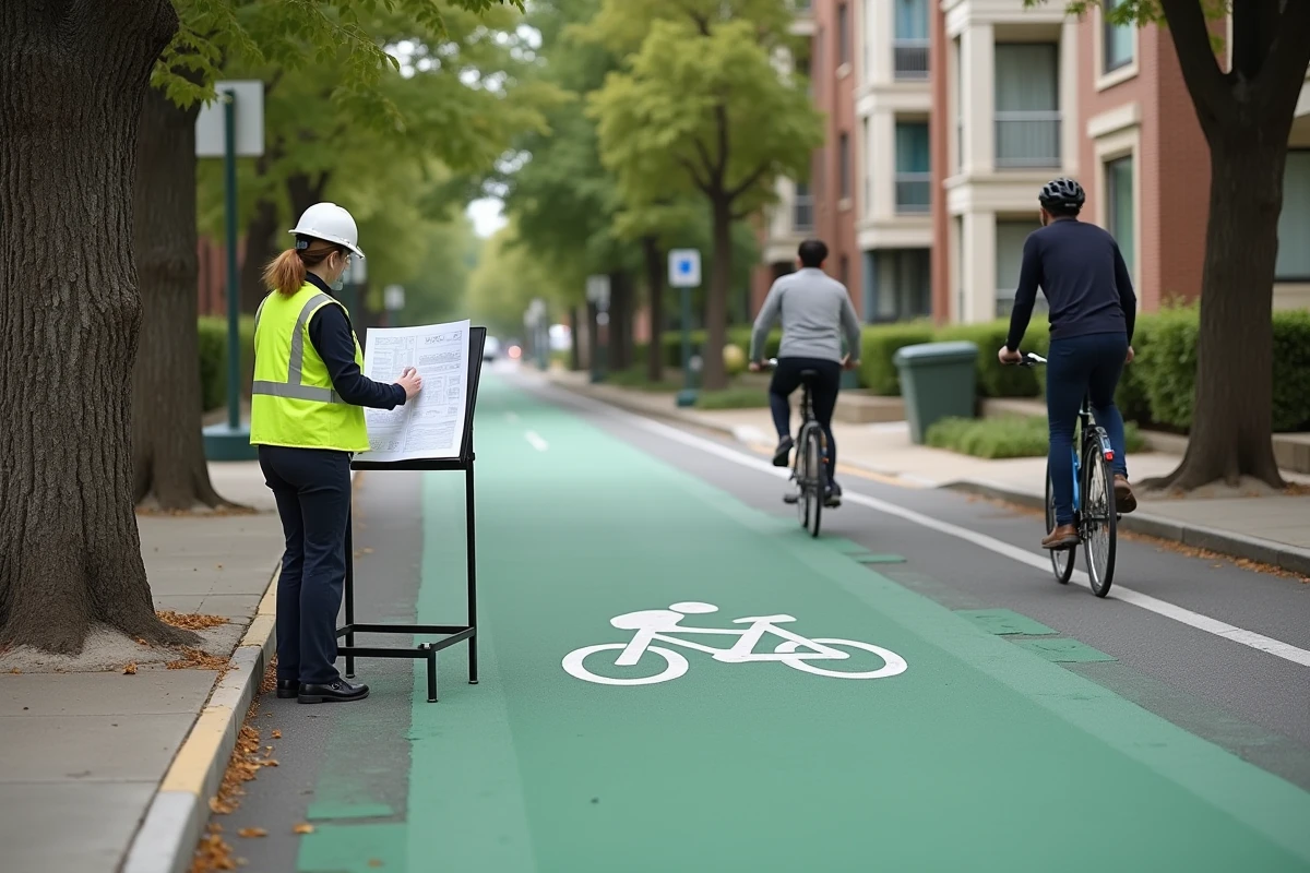 Ingénieure examinant les plans d'aménagement d'une piste cyclable et zone piétonne dans un quartier résidentiel urbain