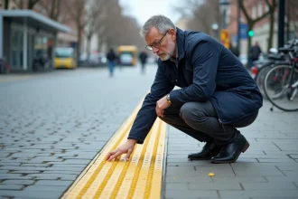 Aménagement de trottoir accessible avec pavés podotactiles et rampe d'accès pour personnes à mobilité réduite en centre-ville