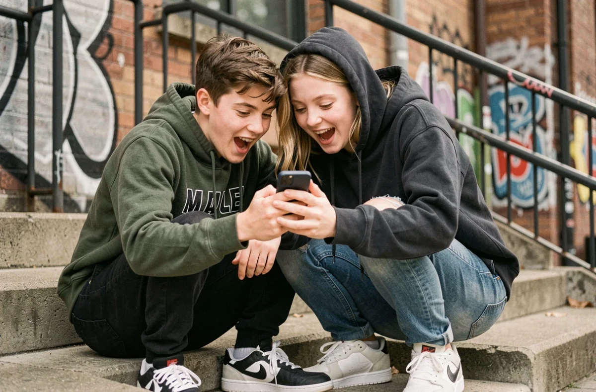 Deux adolescents découvrant ensemble un code cadeau Supercell Store Brawl Stars sur smartphone en ville