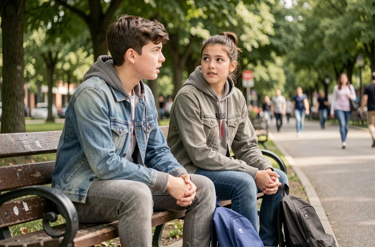 Deux adolescents amis discutant sérieusement assis sur un banc de parc en ville