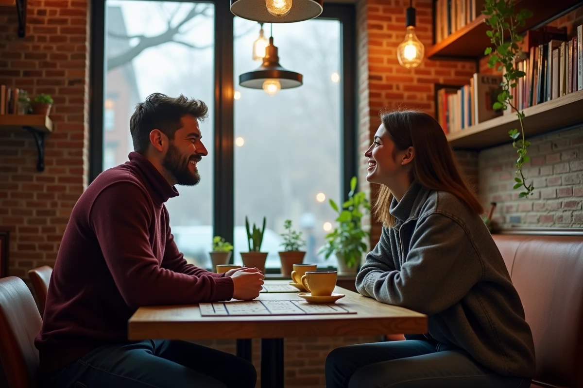 Deux amis jouant à un jeu de société dans un café chaleureux par temps gris d'automne