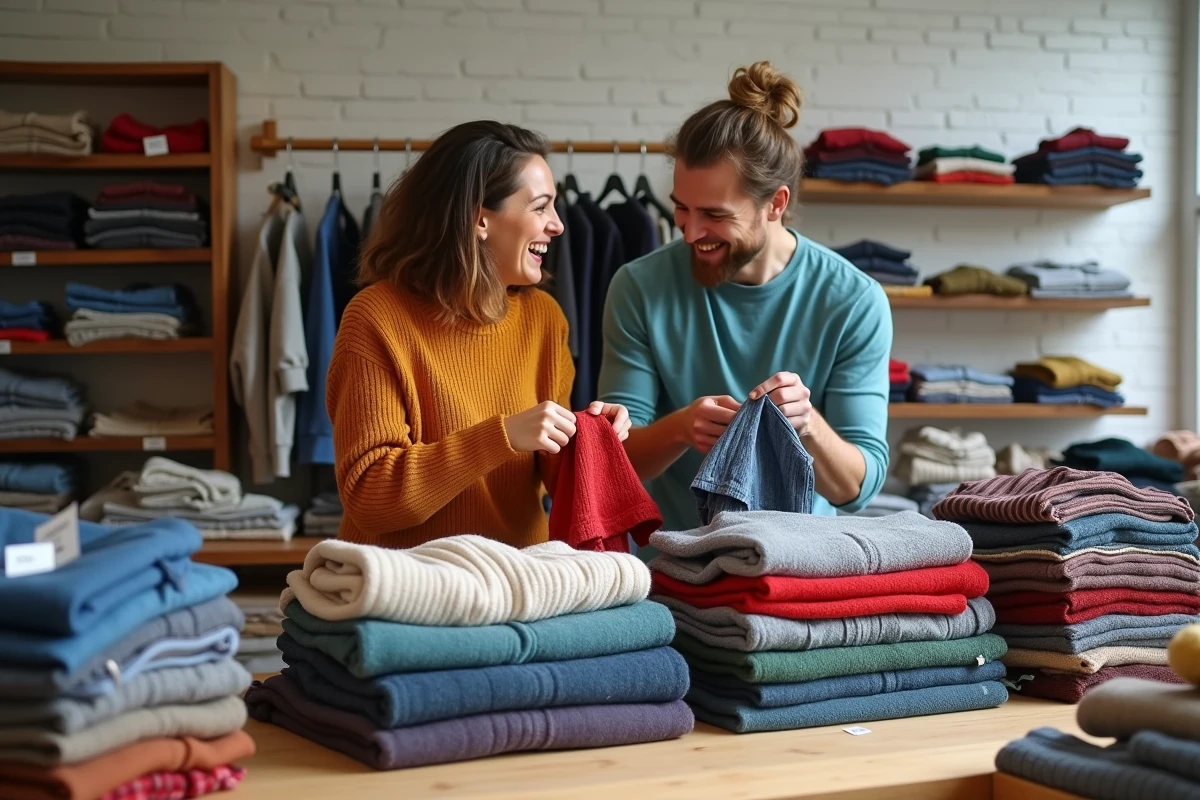 Deux amis joyeux triant des vêtements d'occasion dans une boutique de troc communautaire