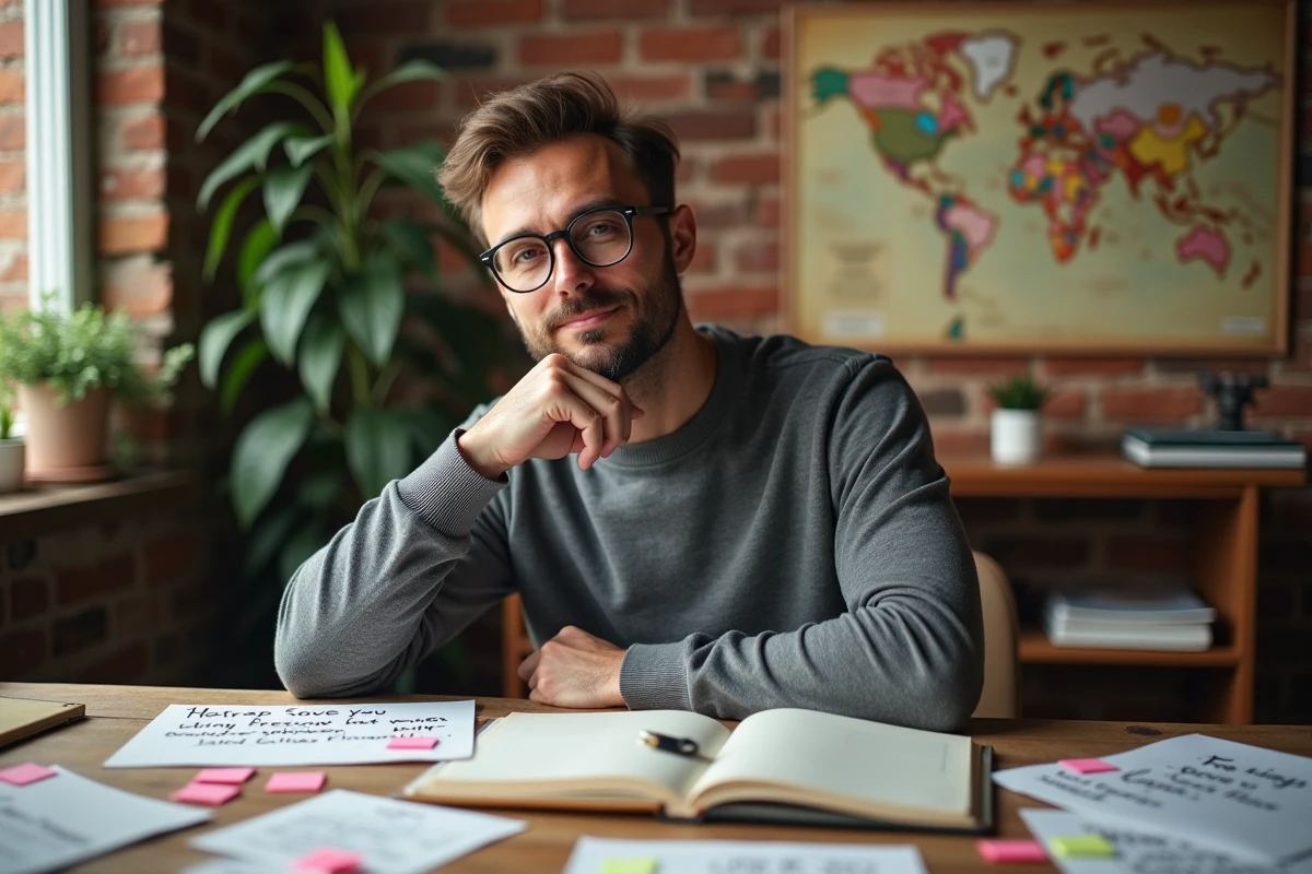 Un homme pensif entouré de notes et de slogans imprimés à son bureau, représentant le processus de rédaction et d'analyse des meilleurs slogans marketing