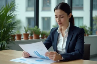Analyste financière examinant des graphiques sur les ETF durables dans un bureau moderne avec des plantes vertes