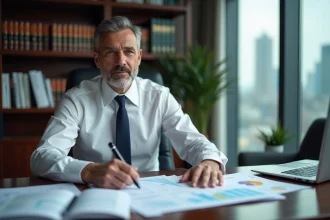 Analyste financier examinant des documents fiscaux internationaux dans un bureau corporatif, illustrant les paradis fiscaux et la politique fiscale française