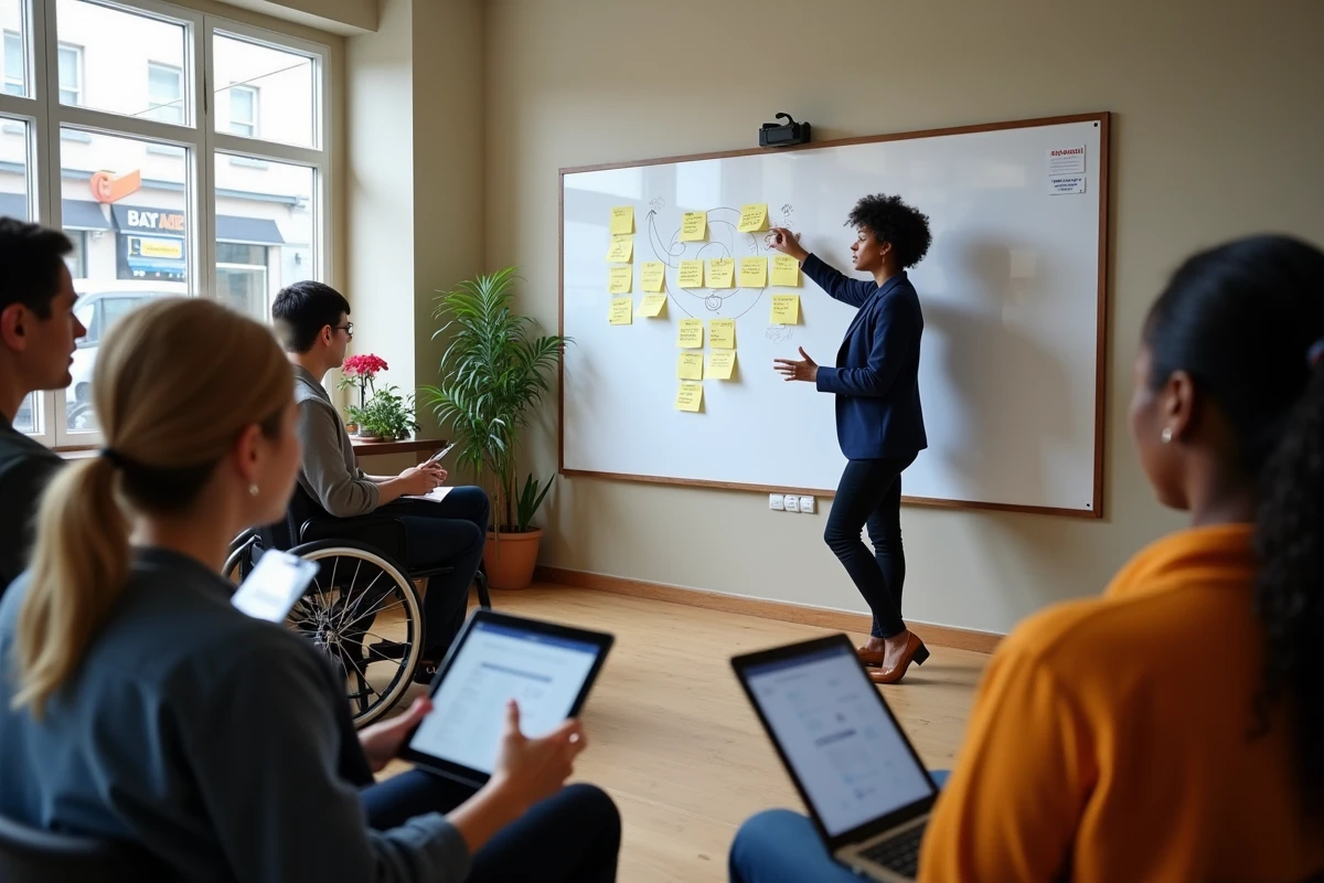 Animatrice présentant des principes d'inclusion à un groupe participatif varié dans une salle de réunion communautaire lumineuse