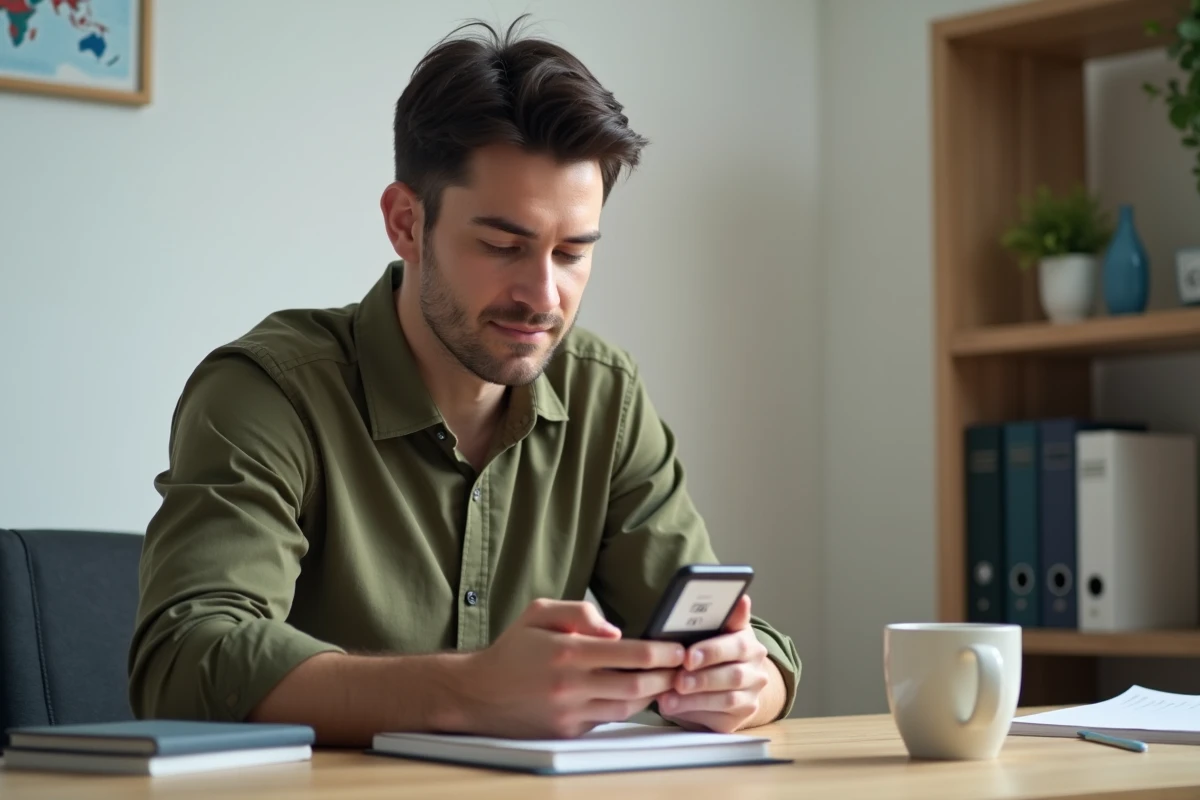 Homme consultant son application bancaire affichant un prêt intégralement remboursé