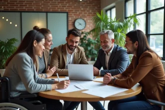 Groupe diversifié de collègues dont une personne en fauteuil roulant travaillant ensemble autour d'une table dans un bureau moderne, illustrant l'inclusion au travail