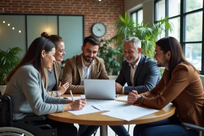 Groupe diversifié de collègues dont une personne en fauteuil roulant travaillant ensemble autour d'une table dans un bureau moderne, illustrant l'inclusion au travail