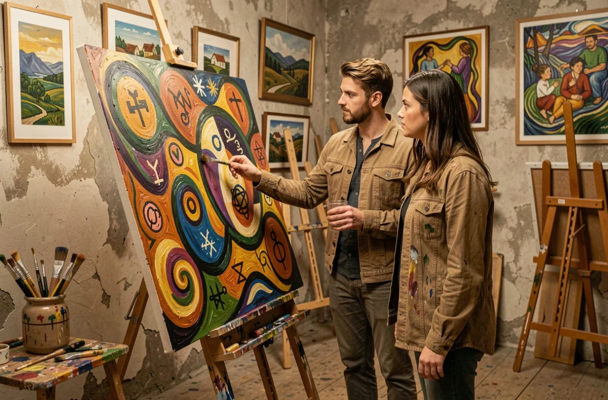 Joueurs analysant des peintures énigmatiques dans le décor artistique des Archi Kurieux à Pont-Aven, inspiré du patrimoine pictural breton