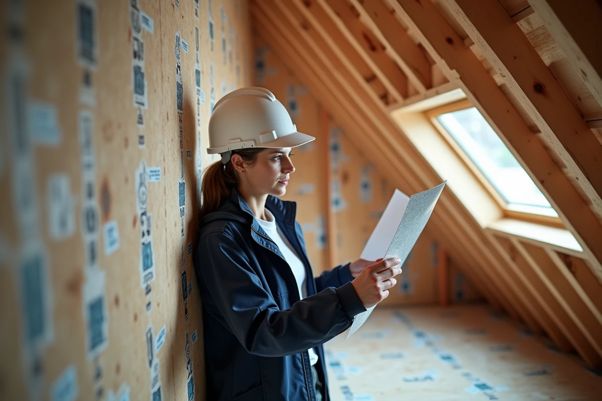 Architecte examinant un isolant mince réflecteur dans une toiture mansardée lors d'une inspection de chantier