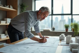 Architecte masculin analysant des plans d'urbanisme sur une table de travail dans un studio professionnel avec vue sur la ville
