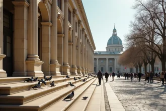 Architecture classique européenne avec colonnes corinthiennes et façade en pierre dans une place de ville