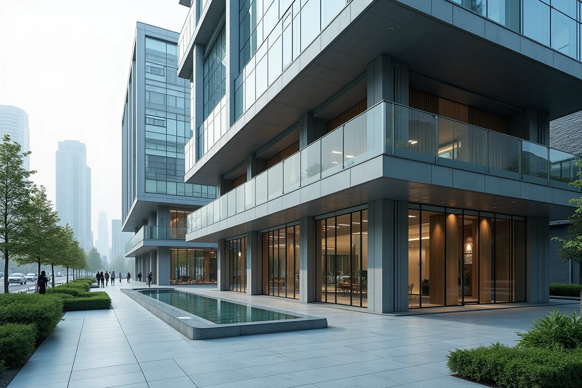Immeuble moderniste en verre et acier avec façade réfléchissante dans un quartier d'affaires contemporain
