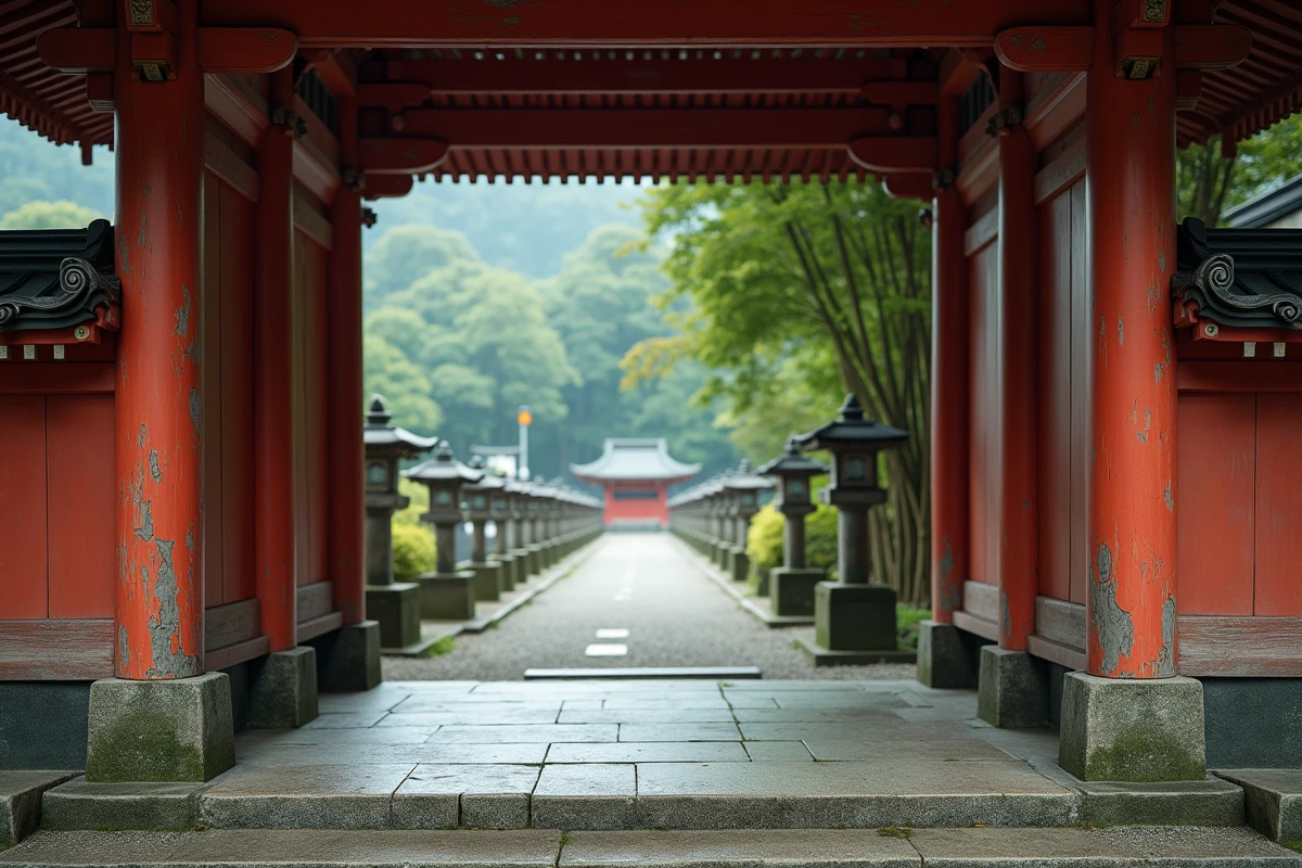 Porte de temple japonais en bois laqué avec sculptures traditionnelles et végétation de bambou