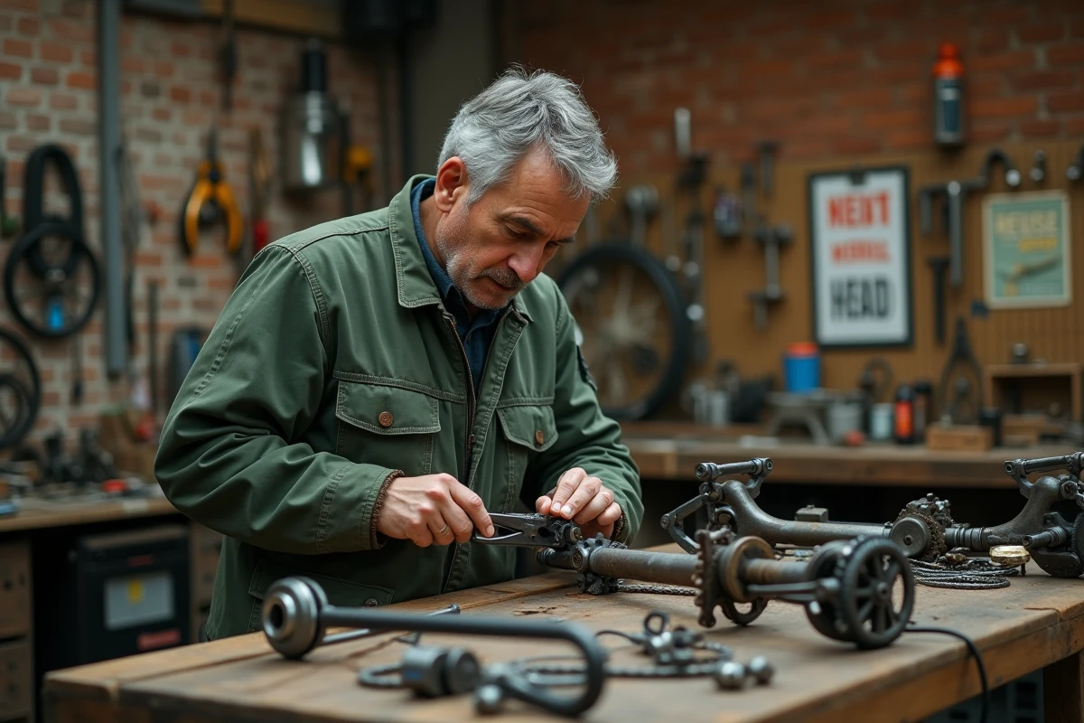 Artisan réparant un vélo dans un atelier de réparation urbain symbolisant la réutilisation et l'économie circulaire