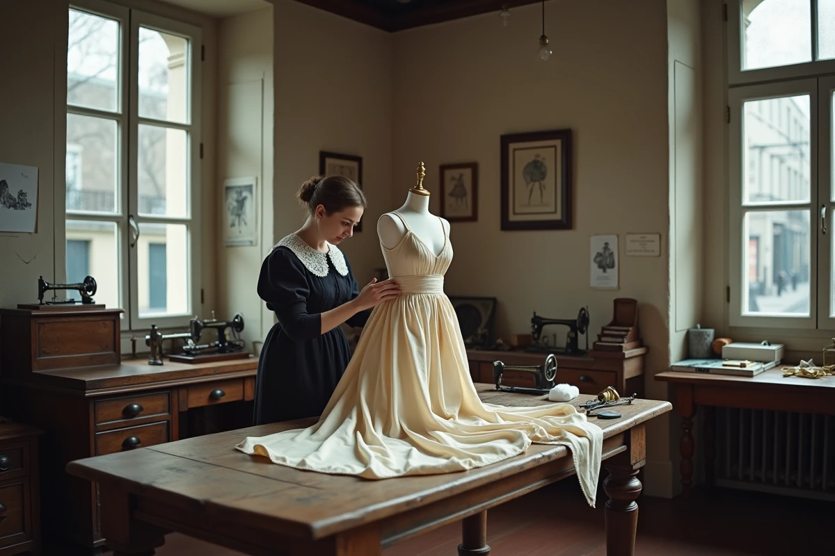 Reconstitution d'un atelier de couture parisien du XIXe siècle avec une couturière travaillant sur une robe en soie, rappelant l'époque du premier grand couturier de l'histoire