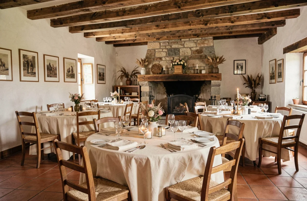 Auberge Savoye, salle de banquet rustique avec poutres en bois et cheminée en pierre