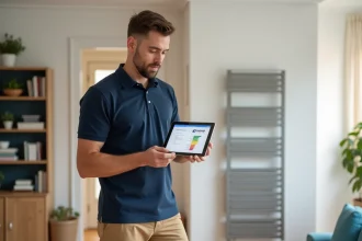 Auditeur énergétique tenant une tablette affichant un bilan DPE dans un salon moderne avec radiateur électrique mural