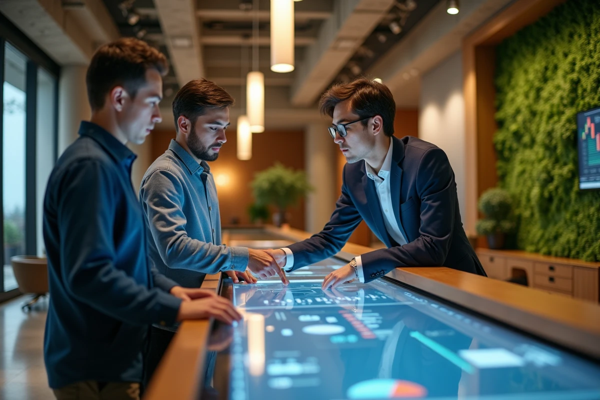 Groupe de jeunes professionnels explorant des tableaux de bord financiers numériques dans un hall de banque innovant au design biophilique