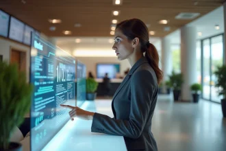 Femme en blazer utilisant une interface numérique tactile transparente dans une banque du futur au design épuré