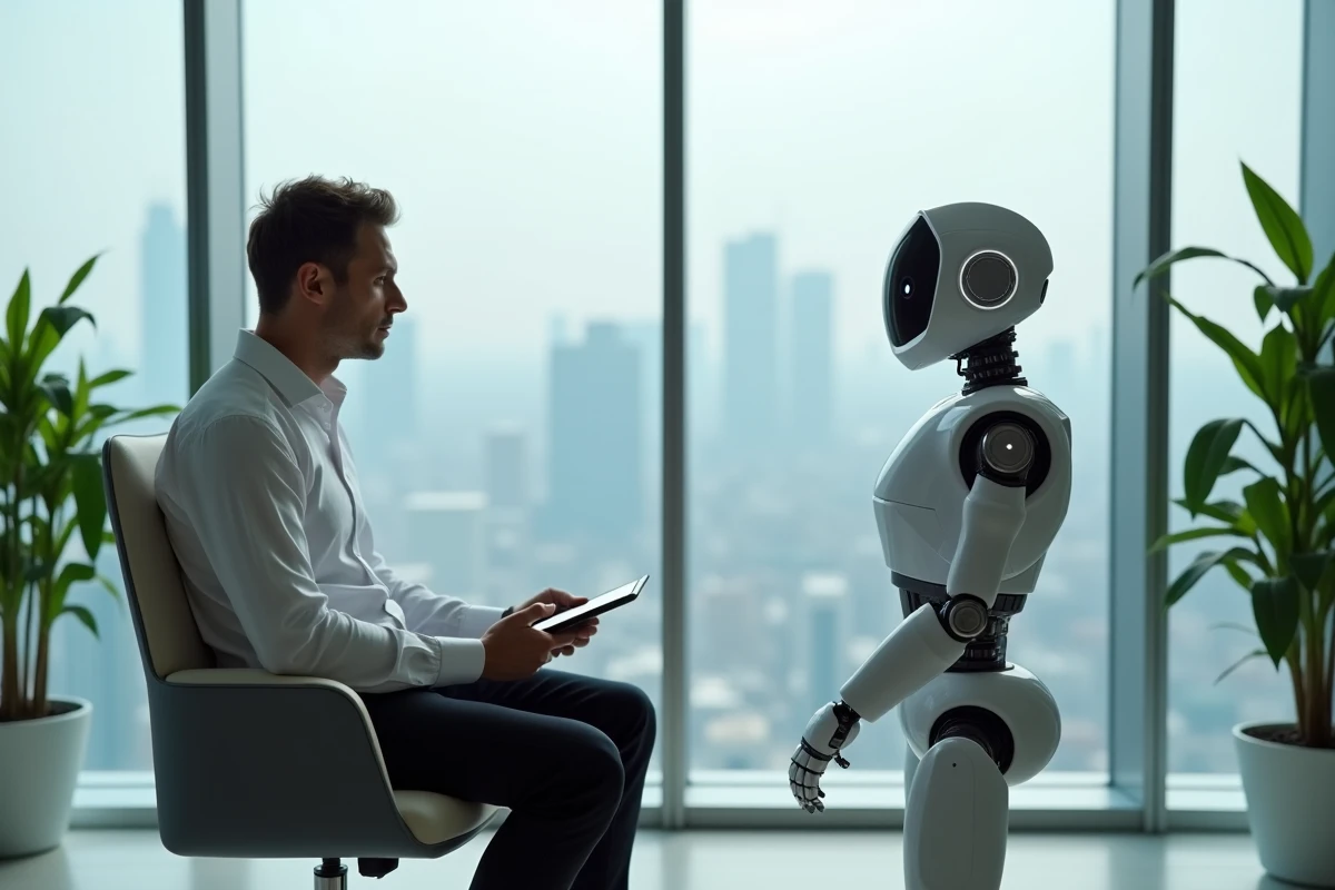 Homme consultant un robot assistant dans un espace bancaire futuriste vitré avec vue sur la ville