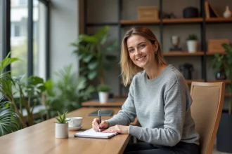 Femme souriante prenant des notes dans un bureau moderne et serein pour illustrer le bien-être psychologique au travail