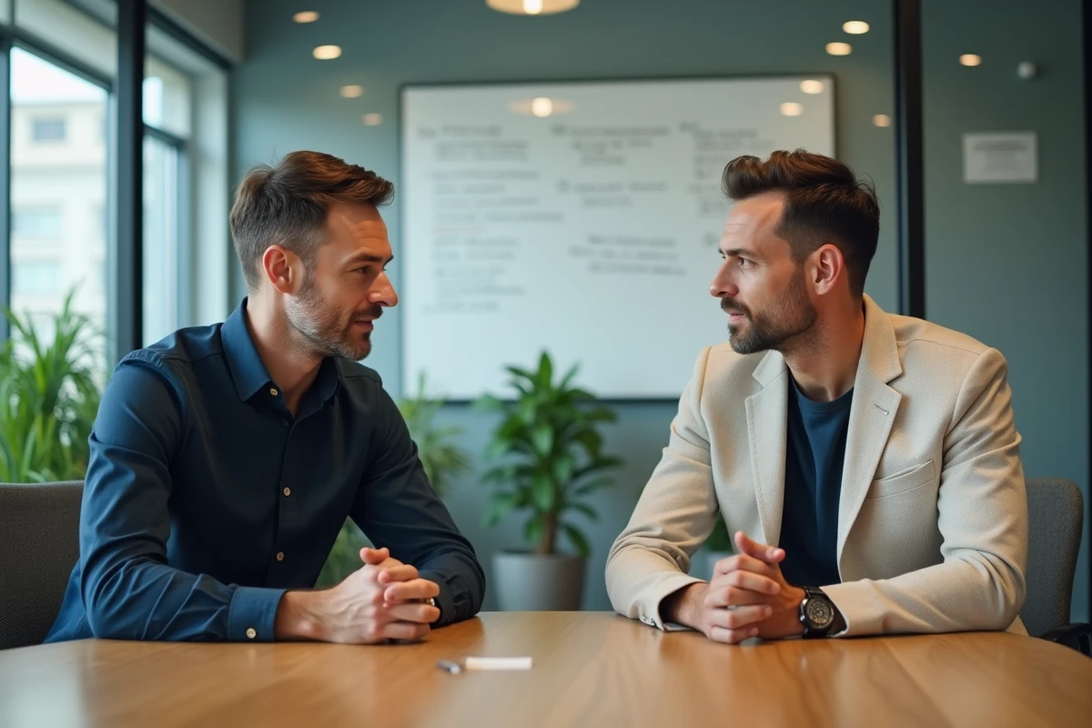 Deux collègues masculins en discussion bienveillante dans une salle de réunion collaborative illustrant le dialogue et le bien-être au travail