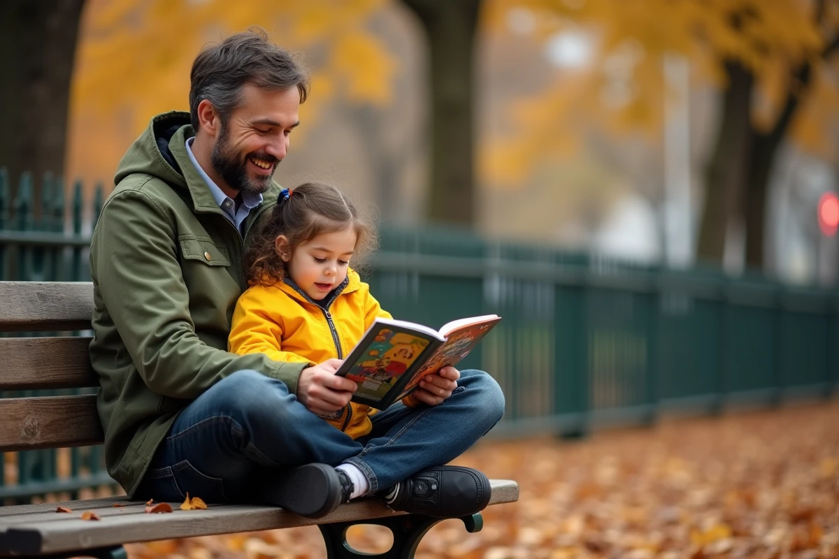 Homme et fillette lisant un livre ensemble sur un banc de parc en automne, représentant la bienveillance et le partage intergénérationnel