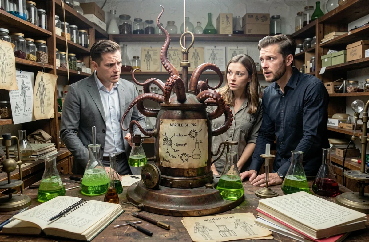 Joueurs fascinés par des appareils scientifiques burlesques dans le laboratoire du Dr Doppler, escape game immersif à Brest