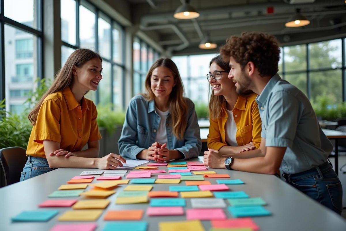 Un groupe de jeunes professionnels en séance de brainstorming autour de fiches de slogans dans un espace de coworking, illustrant la sélection collaborative des meilleurs slogans