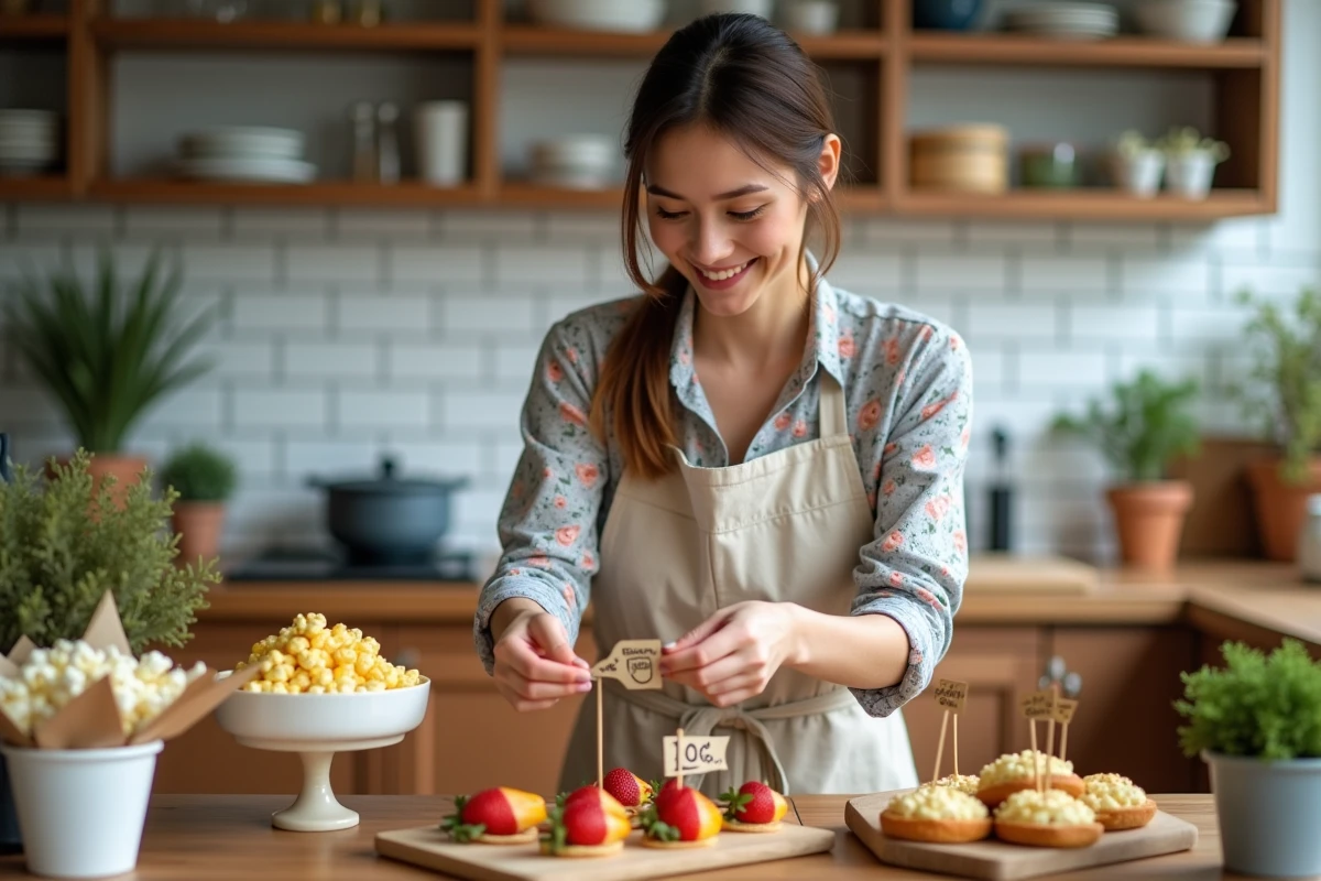 Femme préparant un buffet de snacks faits maison et économiques pour organiser une fête avec un petit budget