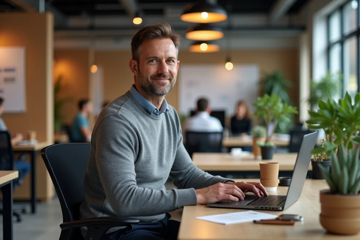 Homme au bureau avec des accessoires écologiques durables, tasse réutilisable et papeterie en bambou, pour un travail responsable