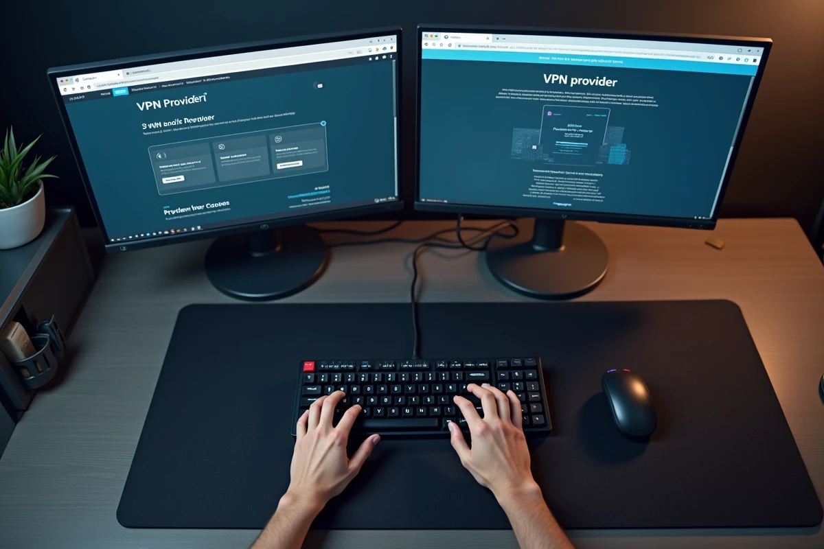 Vue aérienne d'un bureau minimaliste avec comparaison de fournisseurs VPN gratuits sur écran