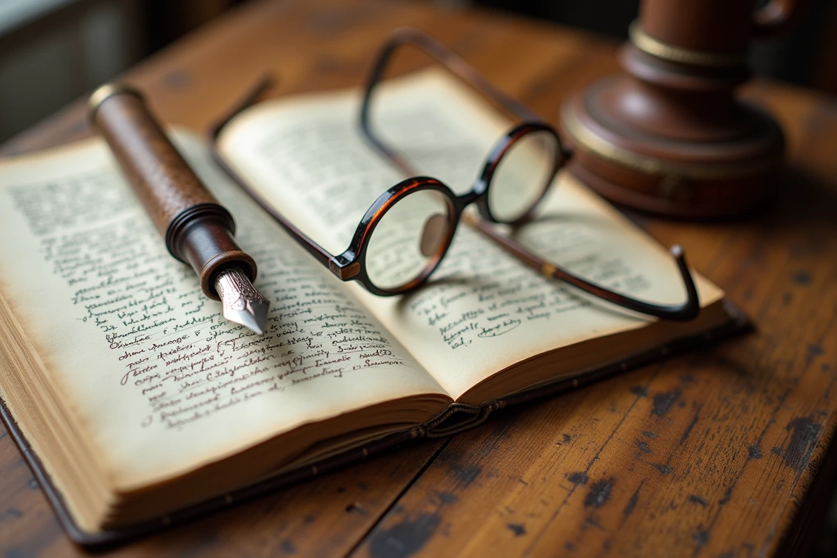 Détail d'un bureau de philosophe avec journal annoté stylo plume et lunettes évoquant la méthode intentionnelle de Husserl