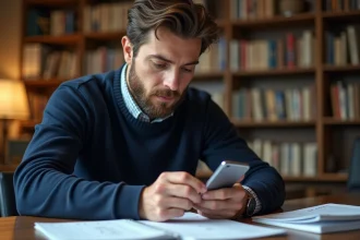 Homme calculant le nombre de jours depuis sa naissance sur une application mobile avec des notes et un calendrier papier sur son bureau